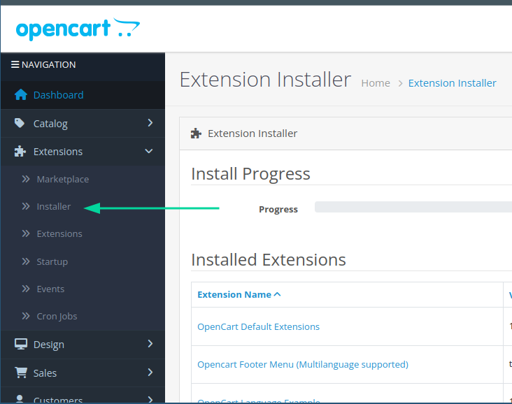 Opção do instalador de extensões no menu do OpenCart